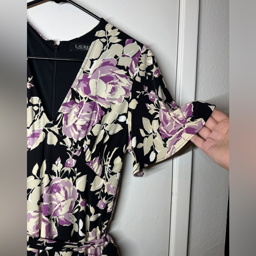 Lauren Ralph Lauren Floral Belted Faux Wrap Purple Cream Black Jersey Dress 4 - Picture 7 of 16